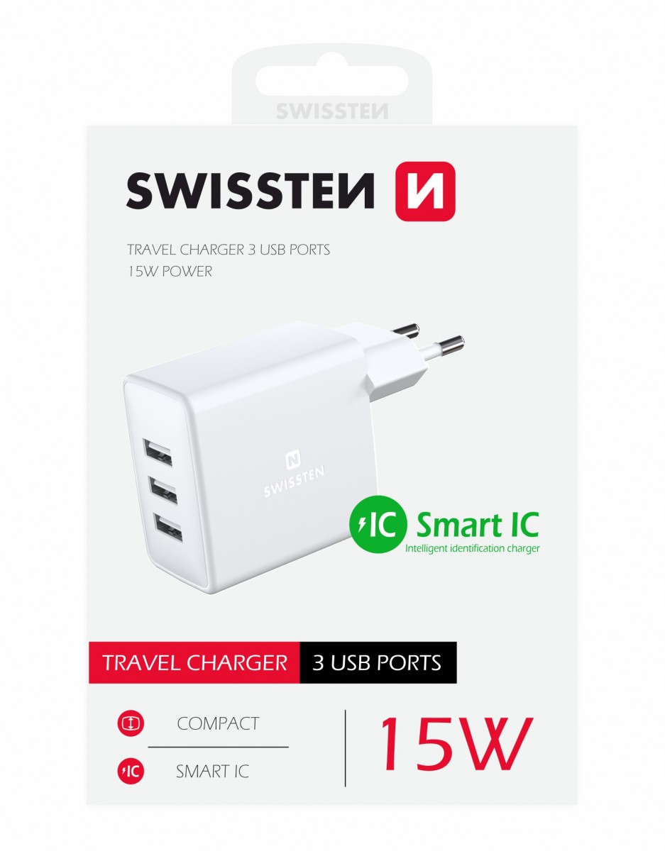 Levně Swissten síťový adaptér 3x usb 3a 15w bílý