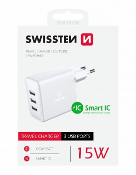 Swissten síťový adaptér 3x usb 3a 15w bílý