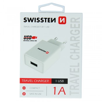 Swissten síťový adaptér smart ic 1x usb 1a power bílý