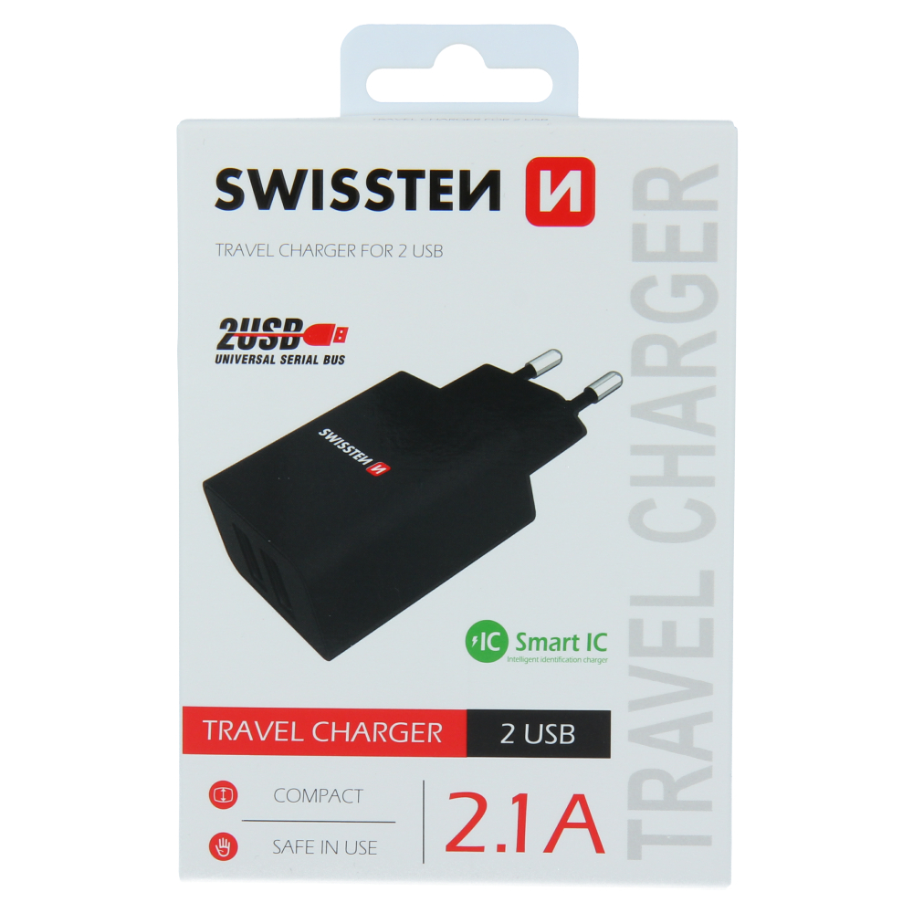 Levně Swissten síťový adaptér smart ic 2x usb 2,1a power černý