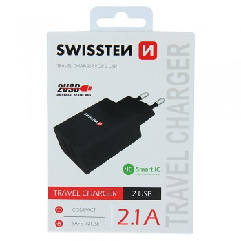 Swissten síťový adaptér smart ic 2x usb 2,1a power černý