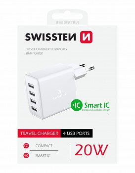 Swissten síťový adaptér 4x usb 4a 20w bílý
