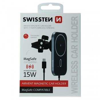 Magnetický držák do ventilace auta swissten s bezdrátovým nabíjením 15w (magsafe compatible)