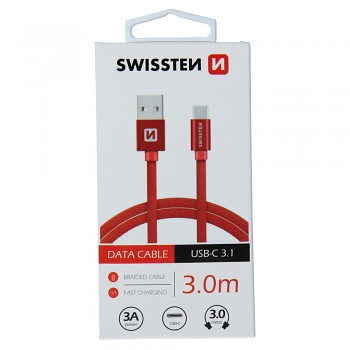 Datový kabel swissten textile usb / usb-c 3,0 m červený