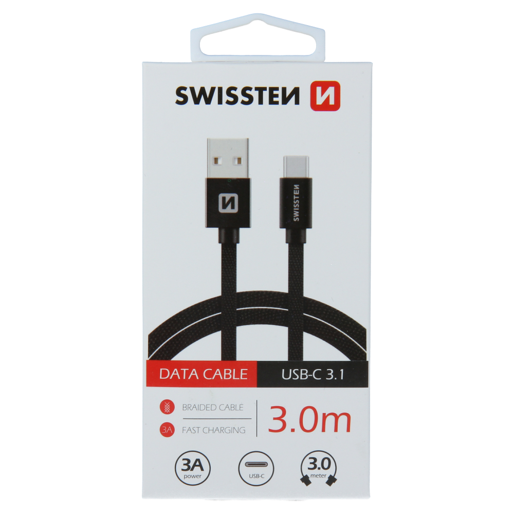 Levně Datový kabel swissten textile usb / usb-c 3,0 m černý