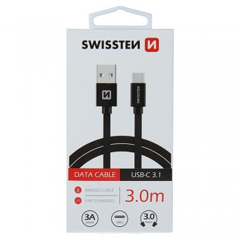 Datový kabel swissten textile usb / usb-c 3,0 m černý