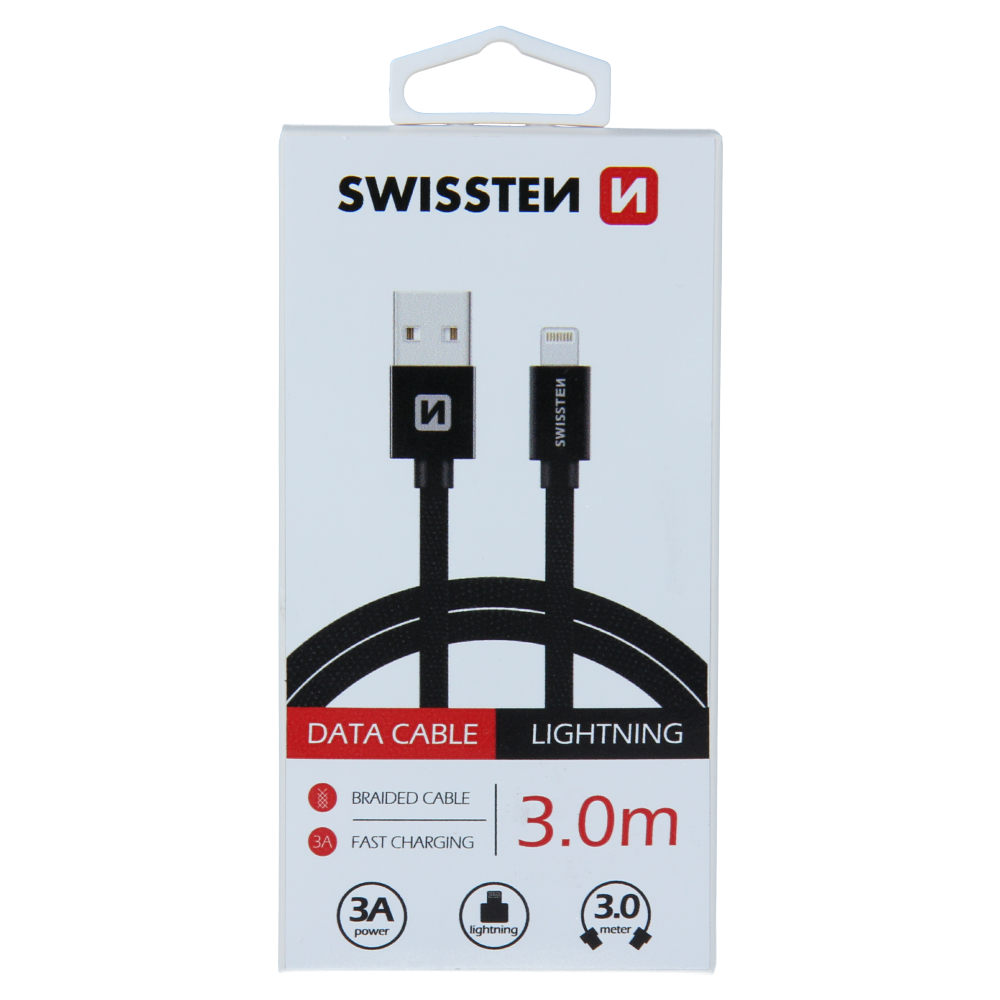 Levně Datový kabel swissten textile usb / lightning 3,0 m černý