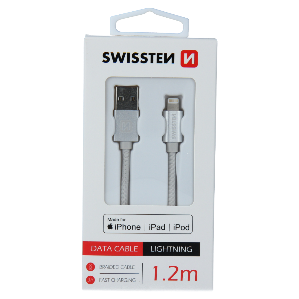 Levně Datový kabel swissten textile usb / lightning mfi 1,2 m stříbrný