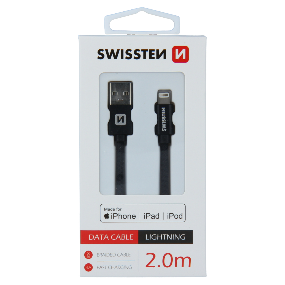 Levně Datový kabel swissten textile usb / lightning 2,0 m černý