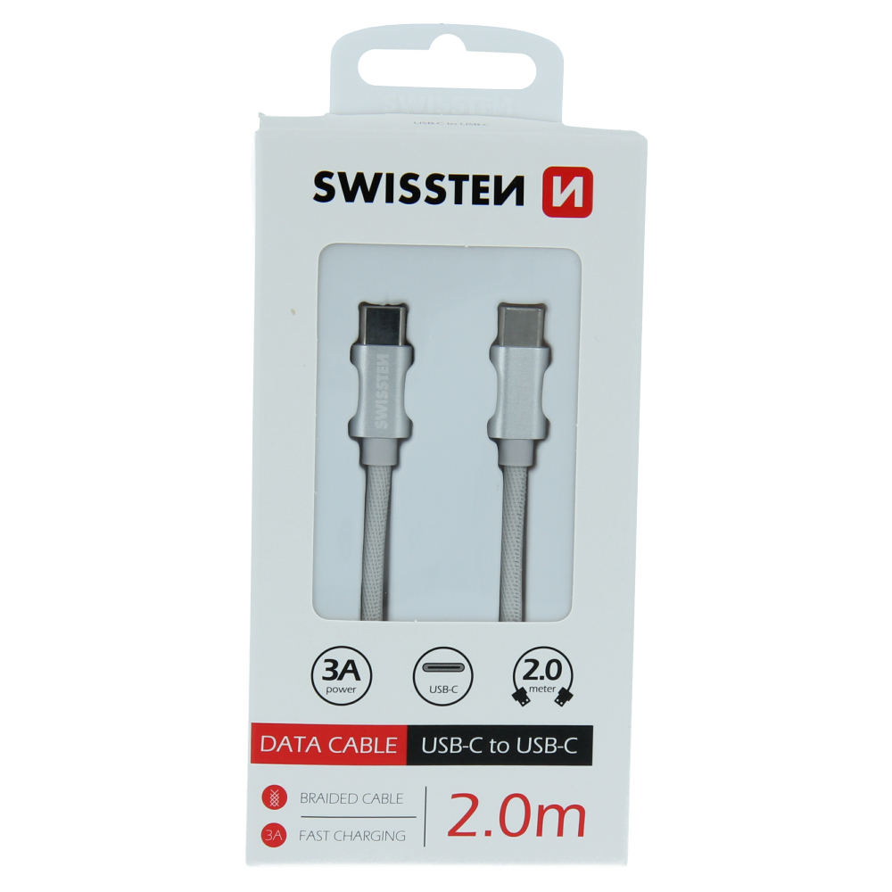 Levně Datový kabel swissten textile usb-c / usb-c 2,0 m stříbrný