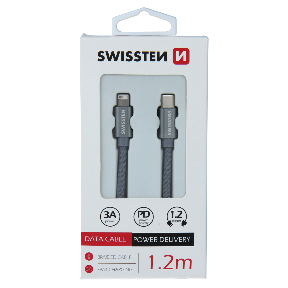 Levně Datový kabel swissten textile usb-c / lightning 1,2 m šedý