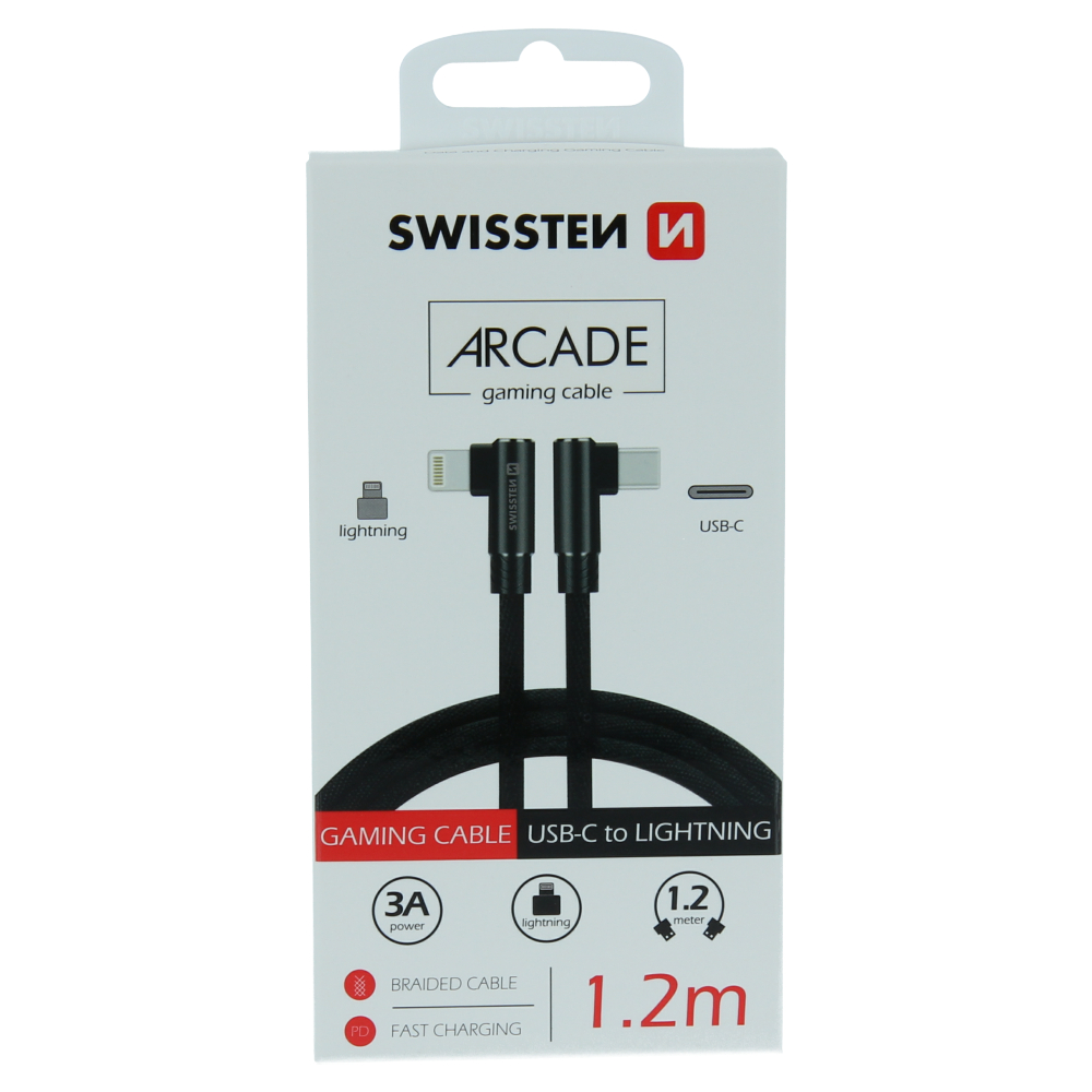 Levně Textilní datový kabel swissten arcade usb-c / lightning 1,2 m černý
