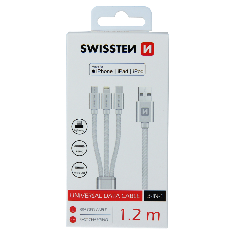 Levně Datový kabel Swissten textile 3v1 mfi 1,2 m stříbrný