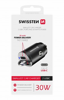 Swissten cl adaptér power delivery 2x usb-c  30w nano černý