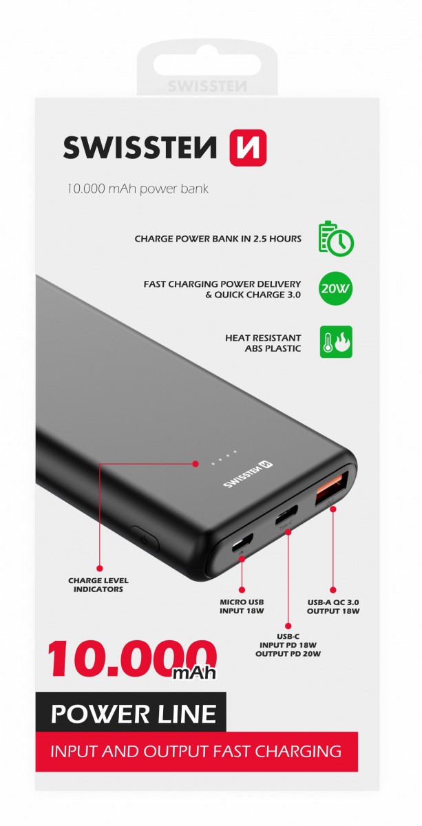 Levně Swissten power line power bank 10000 mah 20w power delivery black