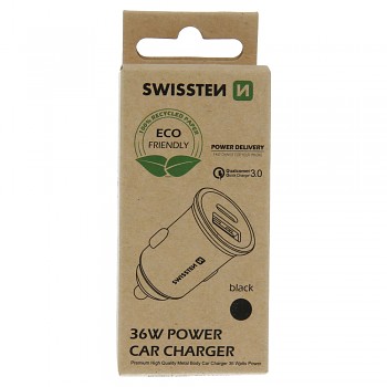 Swissten cl adaptér power delivery usb-c + quick charge 3.0 36w metal černý (eco balení)