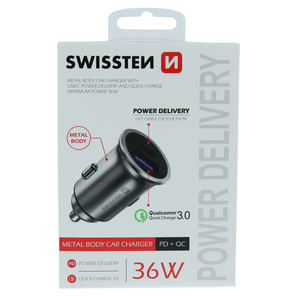 Levně Swissten cl adaptér power delivery usb-c + quick charge 3.0 36w metal stříbrný
