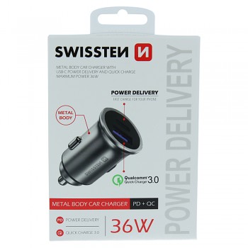 Swissten cl adaptér power delivery usb-c + quick charge 3.0 36w metal stříbrný