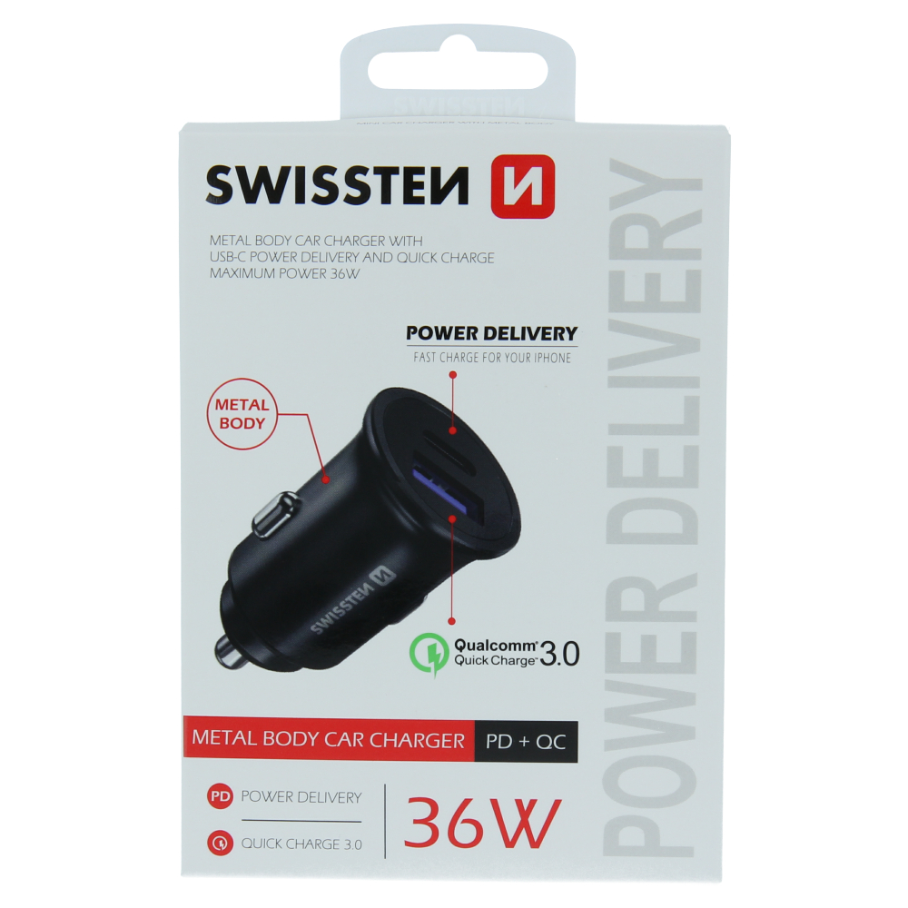 Levně Swissten cl adaptér power delivery usb-c + quick charge 3.0 36w metal černý