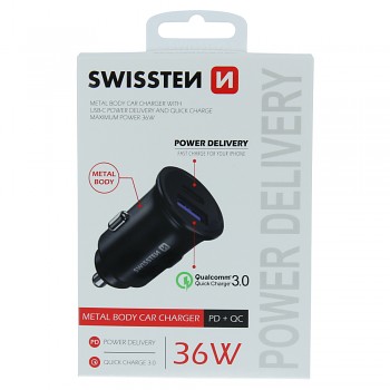 Swissten cl adaptér power delivery usb-c + quick charge 3.0 36w metal černý