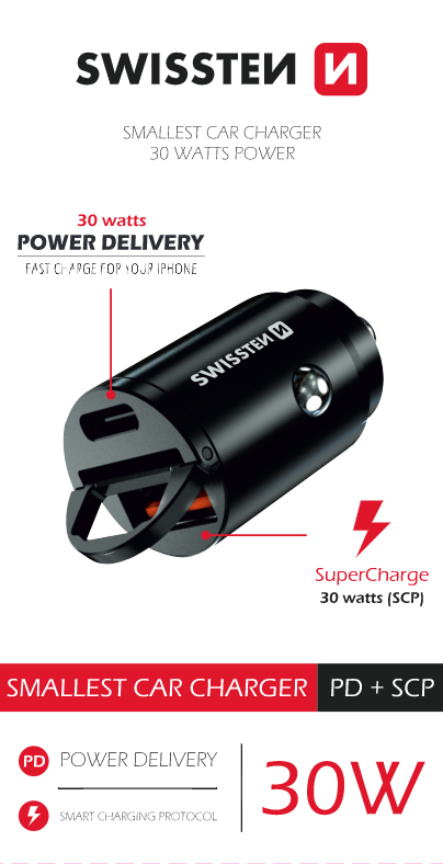 Levně Swissten cl adaptér power delivery usb-c + super charge 3.0 30w nano černý