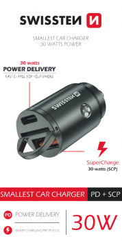 Swissten cl adaptér power delivery usb-c + super charge 3.0 30w nano stříbrný