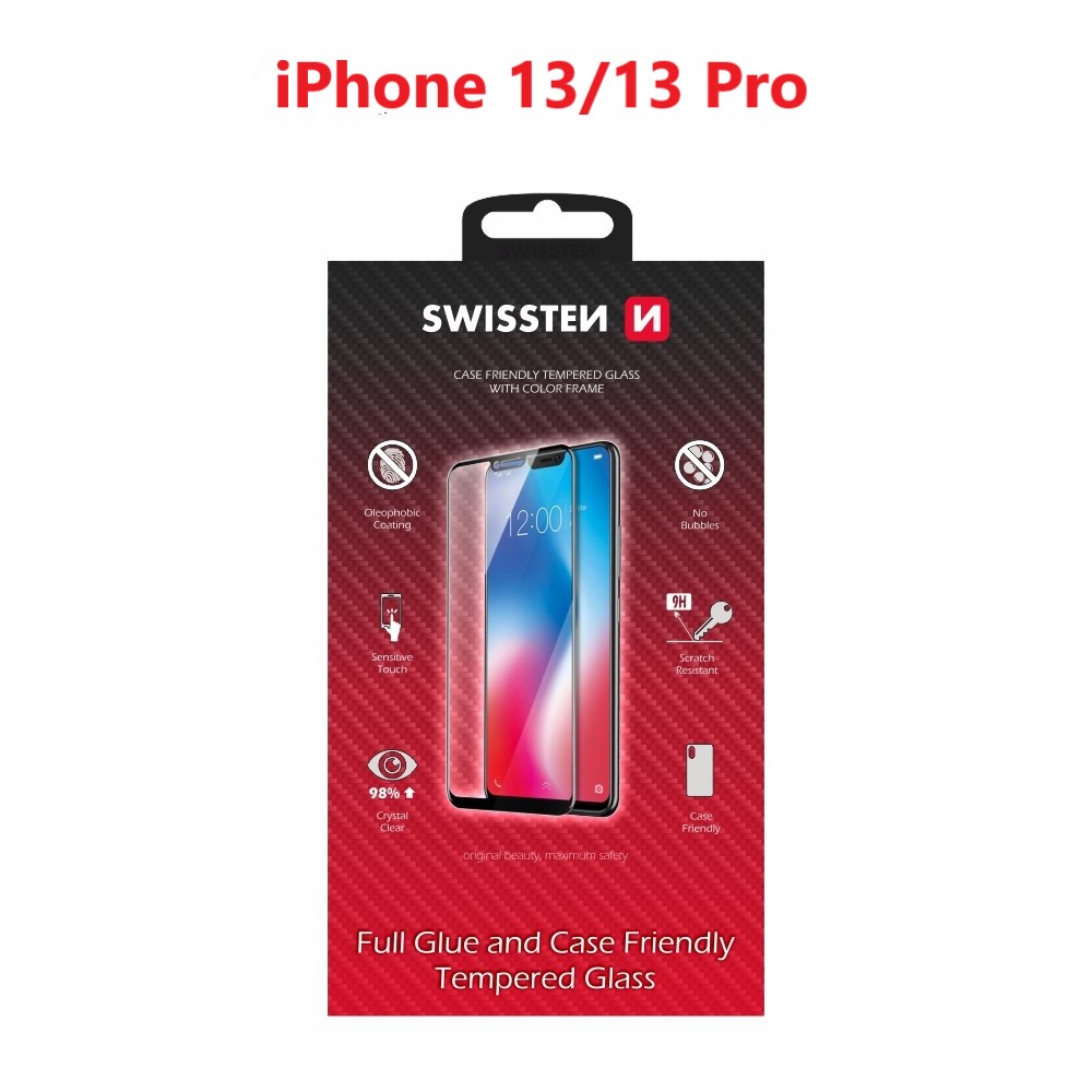 Levně Sklo swissten full glue, color frame, case friendly apple iphone 13/13 pro černé