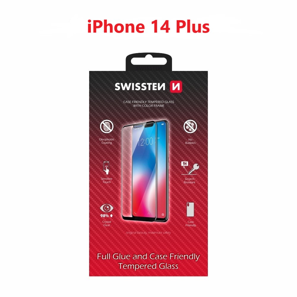 Levně Sklo swissten full glue, color frame, case friendly apple iphone 14 plus černé