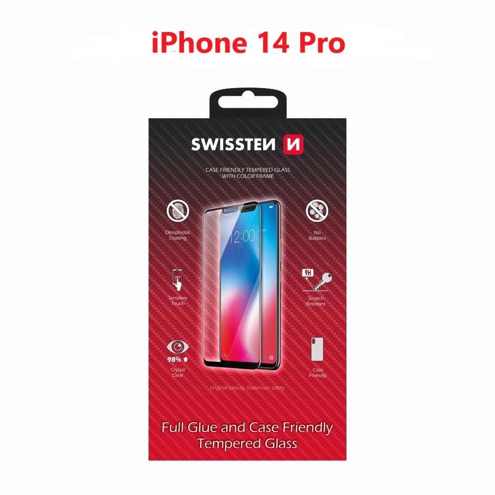 Levně Sklo swissten full glue, color frame, case friendly apple iphone 14 pro černé