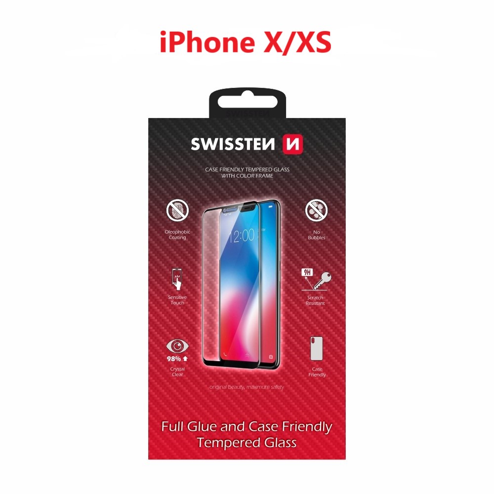 Levně Sklo swissten full glue, color frame, case friendly apple iphone x/xs černé