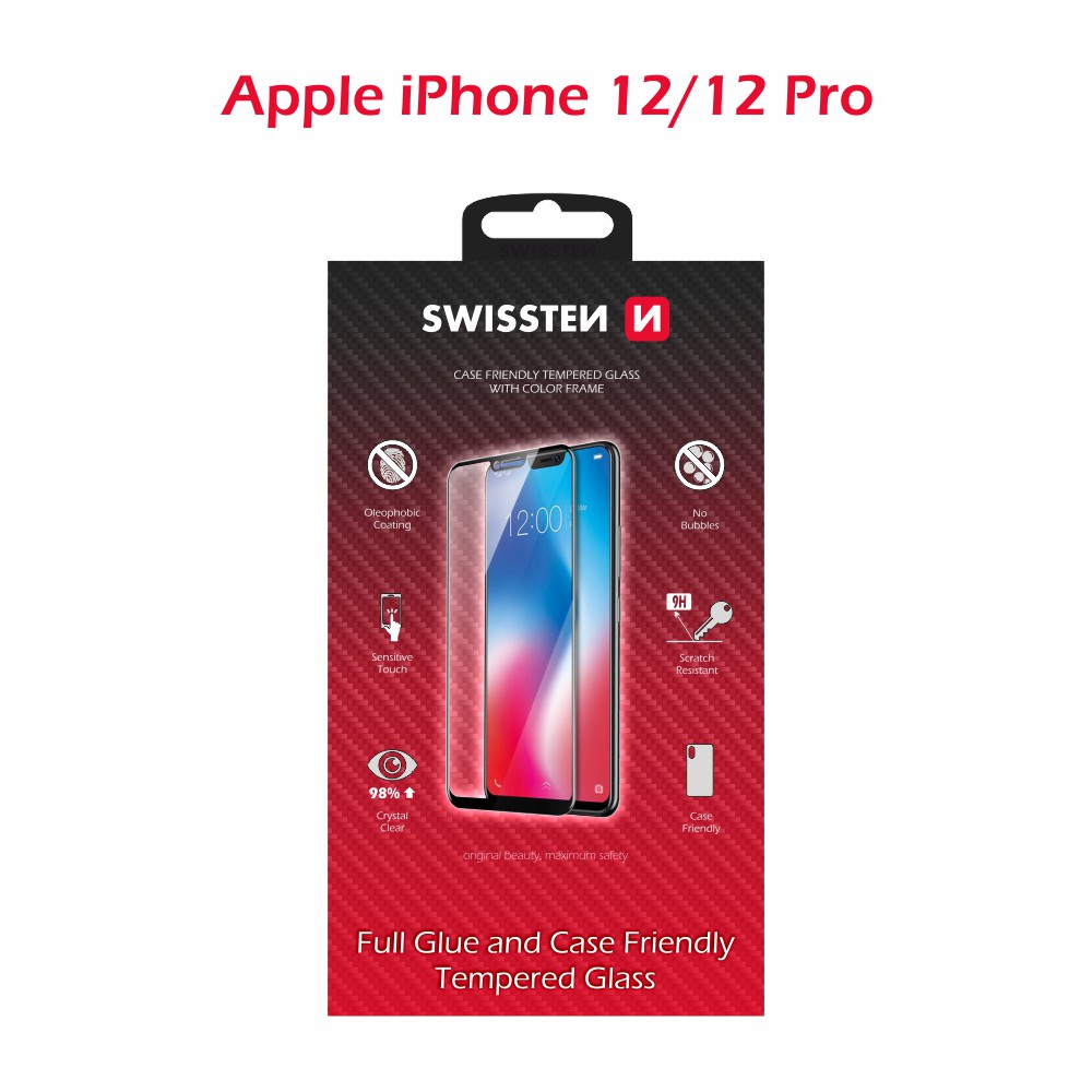 Levně Sklo swissten full glue, color frame, case friendly apple iphone 12/12 pro černé