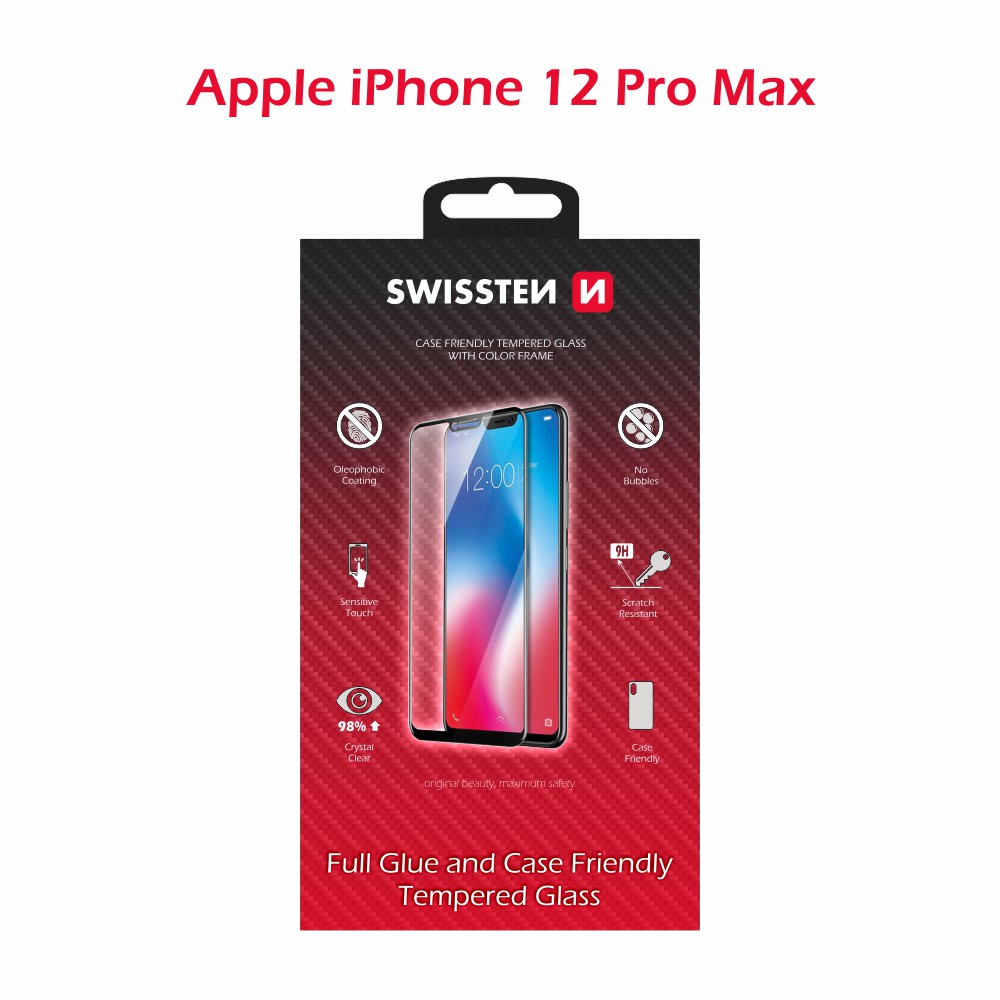 Levně Sklo swissten full glue, color frame, case friendly apple iphone 12 pro max černé