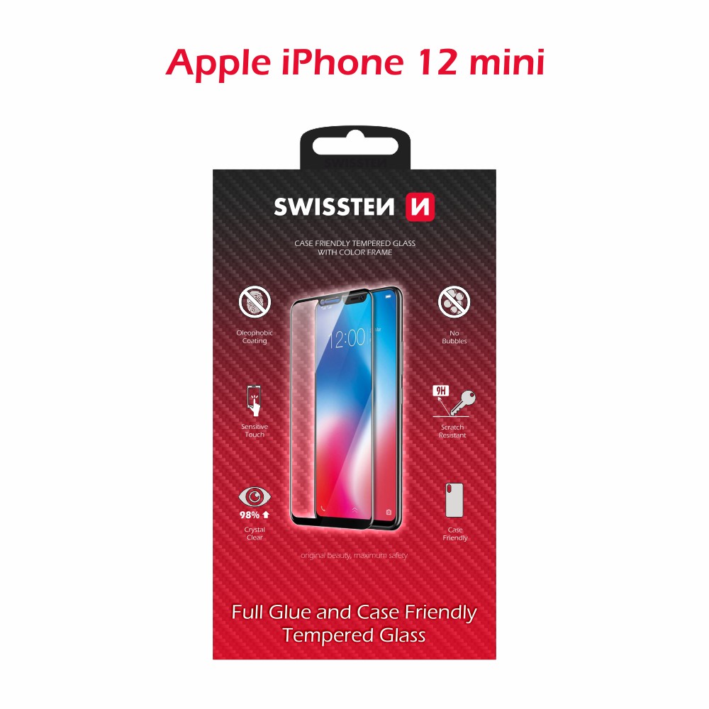 Levně Sklo swissten full glue, color frame, case friendly apple iphone 12 mini černé