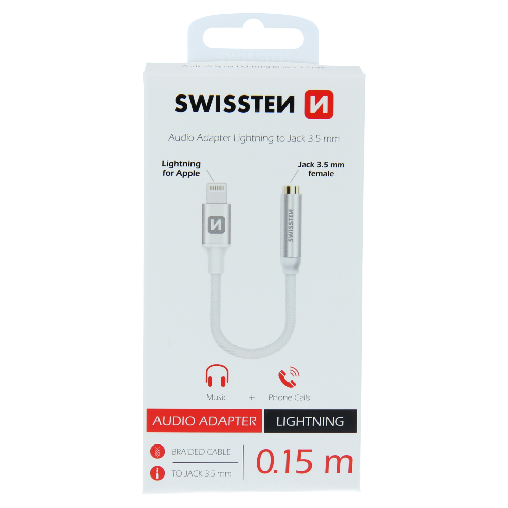 Levně Audio adaptér swissten textile lightning /jack(samice) 0,15 m stříbrný