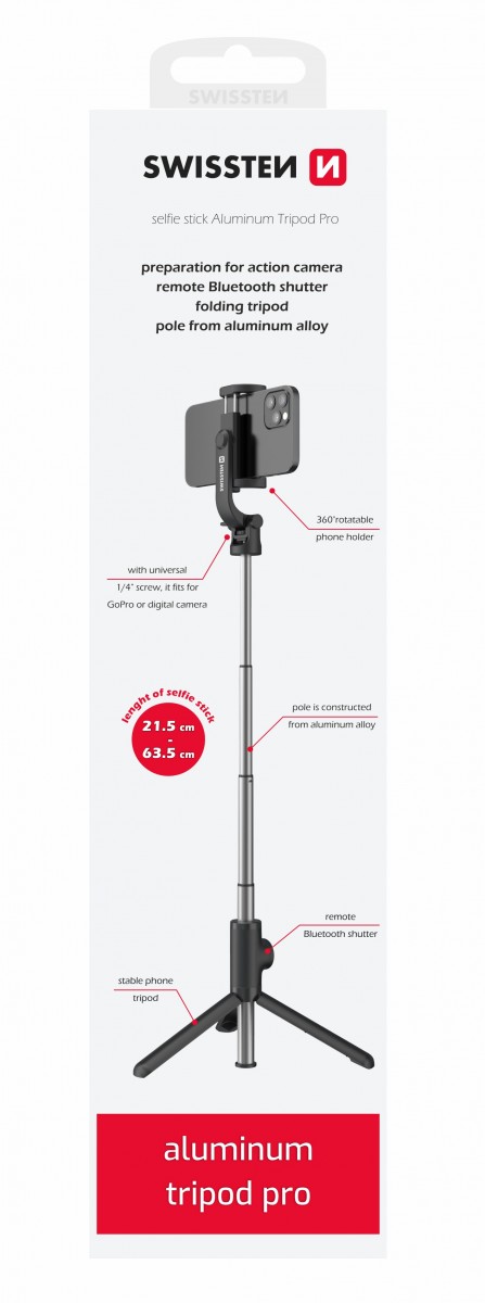 Levně Swissten bluetooth selfie stick aluminum tripod pro