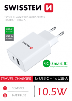 Swissten síťový adaptér 1x usb-c + 1x usb 2,1a 10,5w bílý