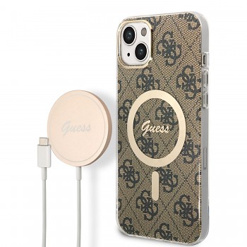 Guess 4G MagSafe Kompatibilní Zadní Kryt + Bezdrátová Nabíječka pro iPhone 14 Plus Brown