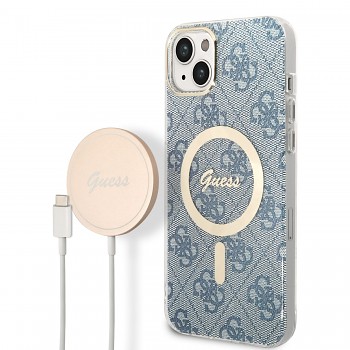 Guess 4G MagSafe Kompatibilní Zadní Kryt + Bezdrátová Nabíječka pro iPhone 14 Plus Blue