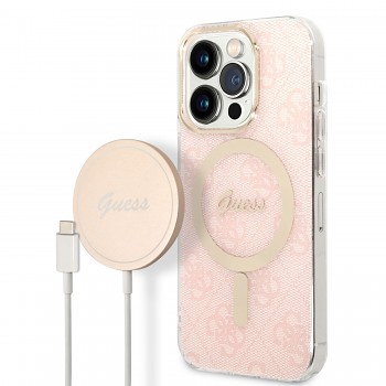 Guess 4G MagSafe Kompatibilní Zadní Kryt + Bezdrátová Nabíječka pro iPhone 14 Pro Pink