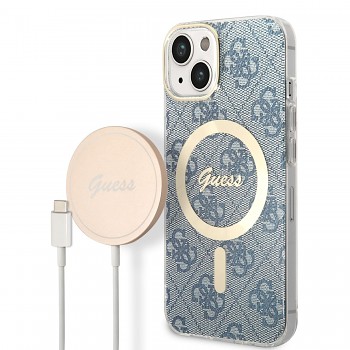 Guess 4G MagSafe Kompatibilní Zadní Kryt + Bezdrátová Nabíječka pro iPhone 14 Blue