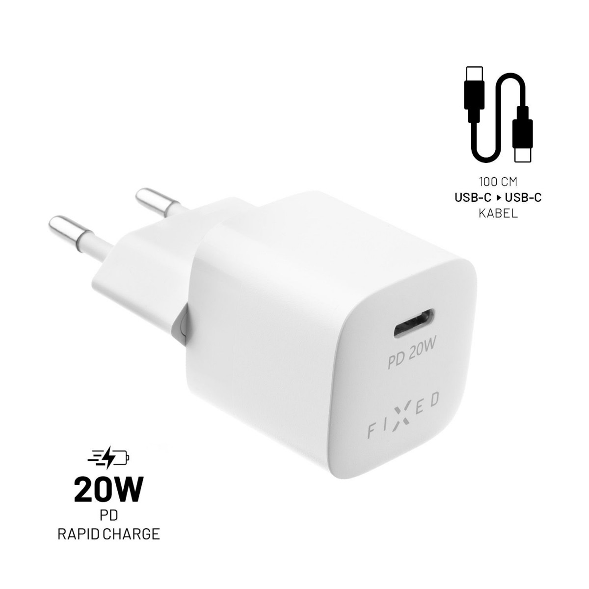 Levně Set síťové nabíječky FIXED Mini s USB-C výstupem a USB-C/USB-C kabelu, podpora PD, 1 metr, 20W, bílý