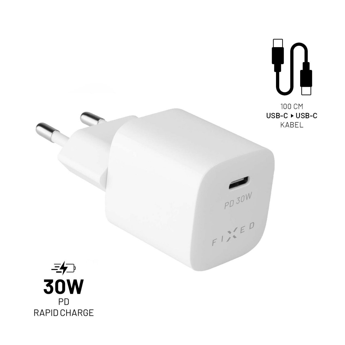 Levně Set síťové nabíječky FIXED Mini s USB-C výstupem a USB-C/USB-C kabelu, podpora PD, 1 metr, 30W, bílý