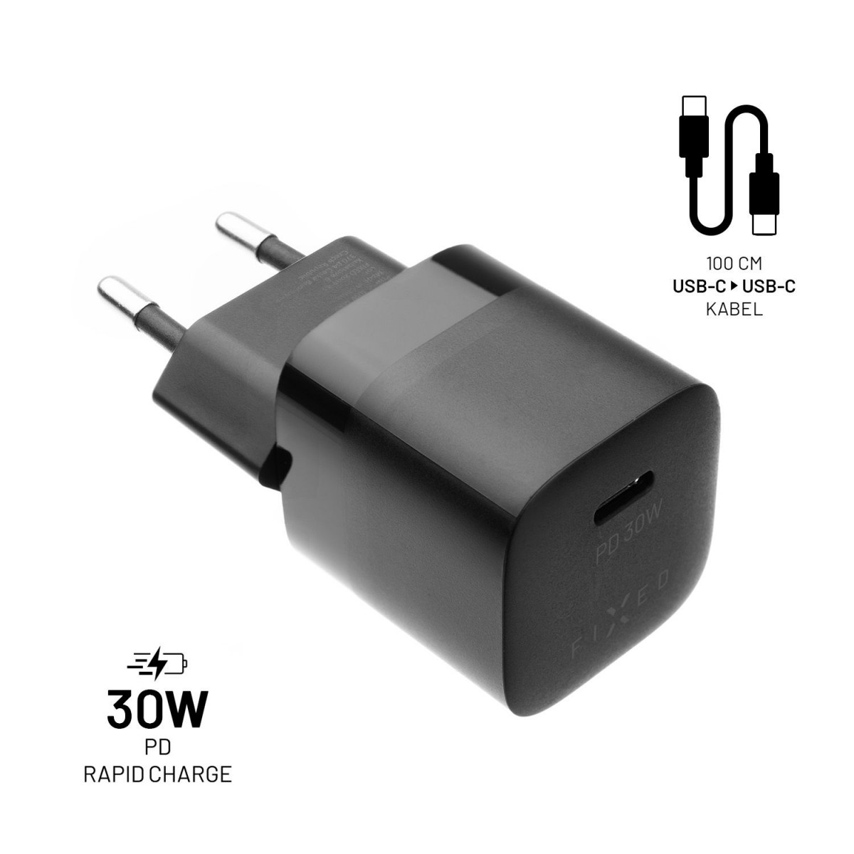 Levně Set síťové nabíječky FIXED Mini s USB-C výstupem a USB-C/USB-C kabelu, podpora PD, 1 metr, 30W, černý