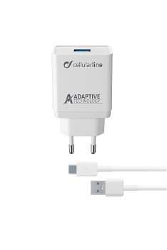 Set USB nabíječky a USB-C kabelu Cellularline, adaptivní nabíjení, 15W, bílý