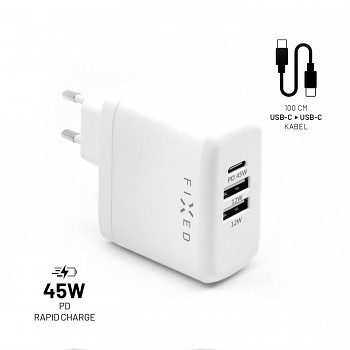 Set síťové nabíječky FIXED s USB-C a 2xUSB výstupem a USB-C/USB-C kabelu, podpora PD, 45W, bílý