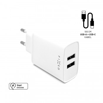 Set síťové nabíječky FIXED s 2xUSB výstupem a USB/USB-C kabelu, 1 metr, 15W Smart Rapid Charge, bílá