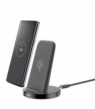 Stojánek pro bezrátové nabíjení Cellularline Wireless Fast Charger Stand + Fast Charge adaptér 10W, Qi standard, černý