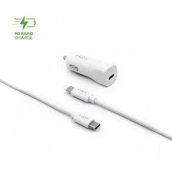 Set autonabíječky FIXED s USB-C výstupem a USB-C/USB-C kabelu, podpora PD, 1 metr, 18W, bílý