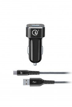 Set USB autonabíječky a odolného USB-C kabelu Cellularline Tetra Force 18W, Qualcomm® Quick Charge 3.0, černá