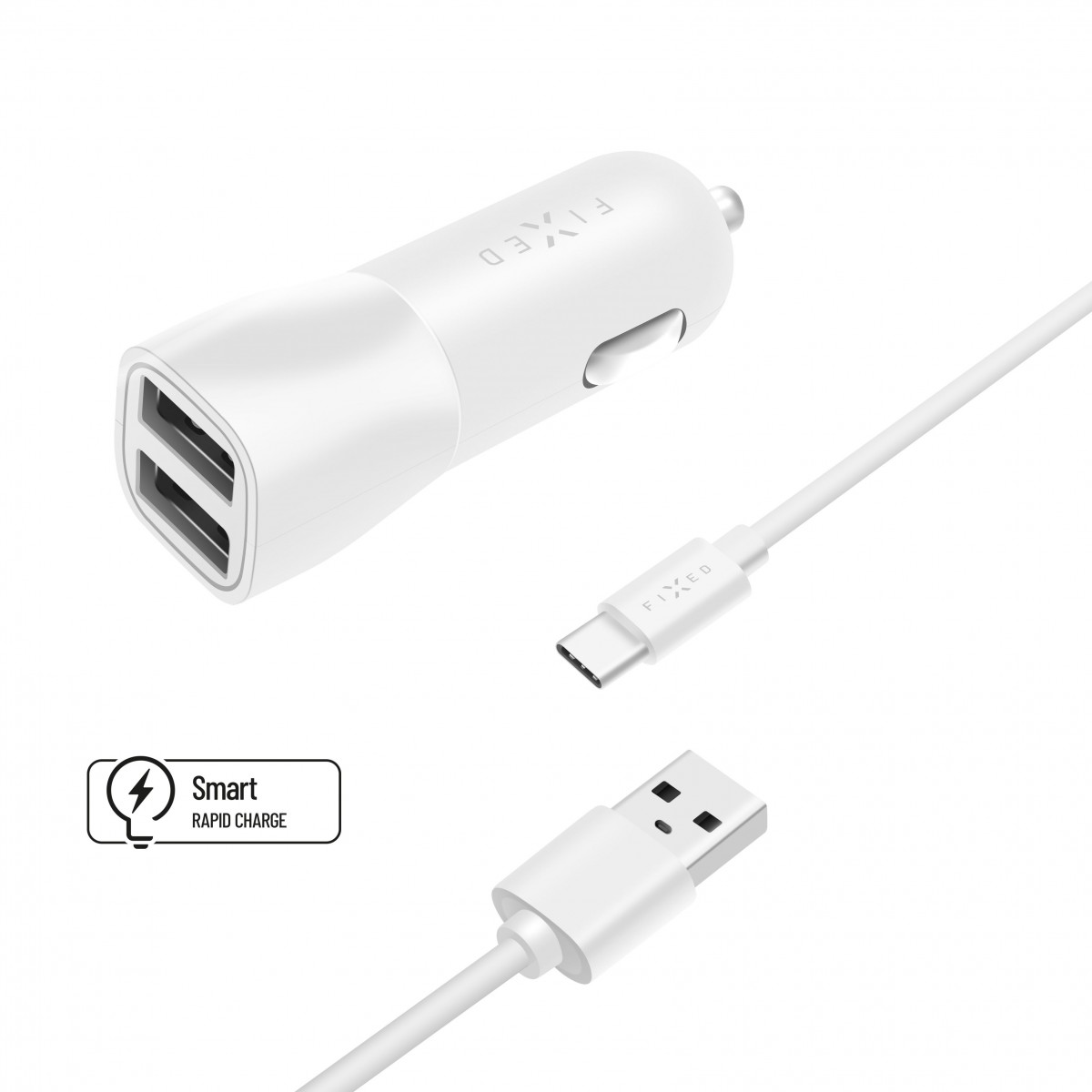 Levně Set autonabíječky FIXED s 2xUSB výstupem a USB/USB-C kabelu, 1 metr, 15W Smart Rapid Charge, bílá